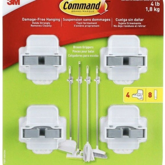 New- 4 Pack- 3M Command Adhesive Wall Mounted Broom/Mop Grippers Strong and Last - Picture 1 of 5